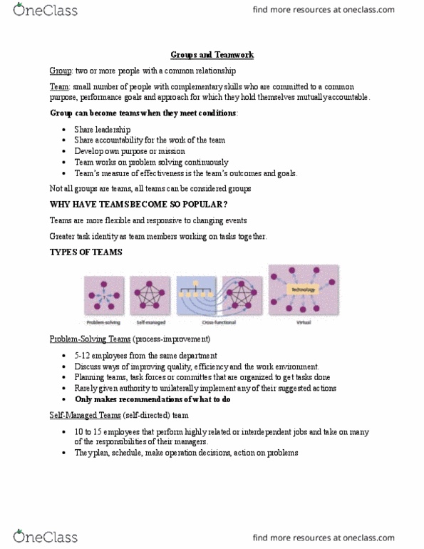 ADMS 2400 Chapter Notes - Chapter 6 and 12: Team 10, Role Conflict, Social Loafing thumbnail